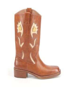 FRYE & CO Miranda 10 Flower Saddle Tan Leather Western Cowboy Boot Cutout Inlay